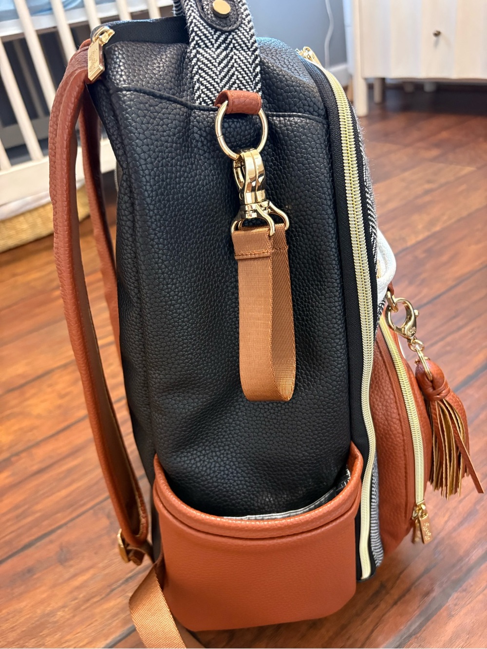 Itzy Ritzy Black Herringbone, White & Brown Backpack Purse - Picture 8 of 11
